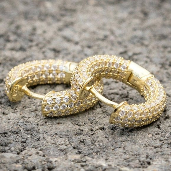 Gorgeous iced-out 14K Gold plated Small Round CZ Huggie Hoop Earrings - Picture 2 of 3